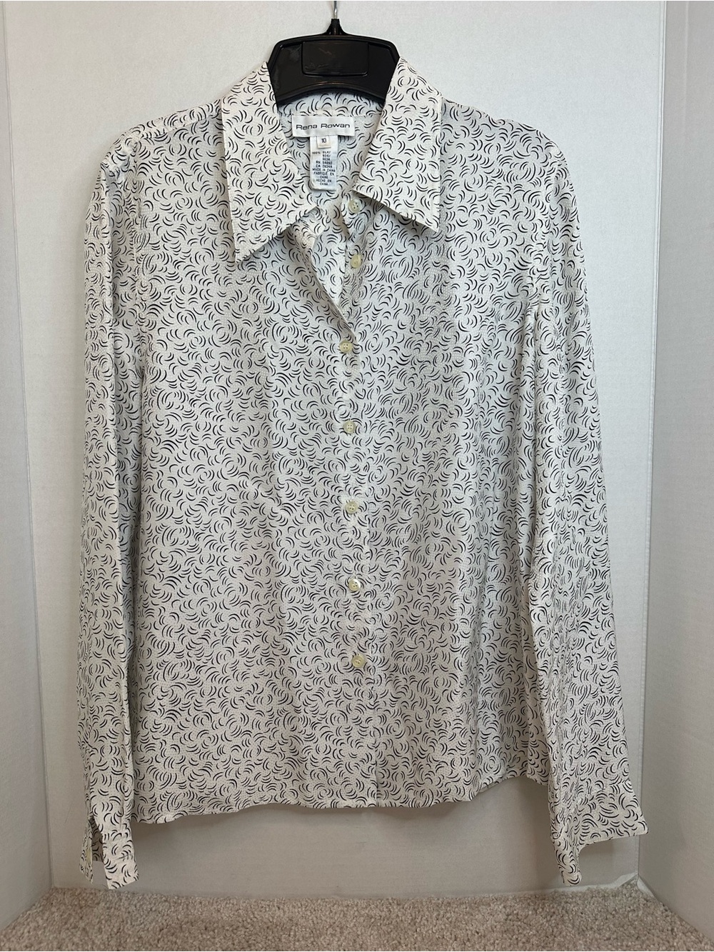Vintage Rena Rowan White Button-Down Shirt with Black Swirl Pattern, 100% Silk